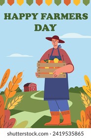 Happy farmers day poster template. Farmer at work, agricultural worker harvesting crops. Life in farm, beautiful landscape. Flat vector illustration. Vector illustration