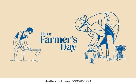 Happy Farmer's Day text with an Asian farmer working on field vector illustration 