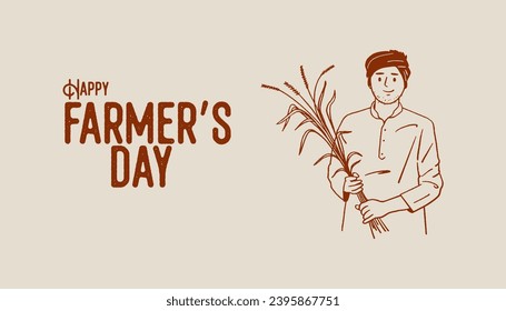 Happy Farmer's Day text with an Asian farmer working on field vector illustration 