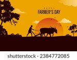 Happy Farmers Day Text with an Indian farmer farming silhouette vector illustration for a social media creative post template 