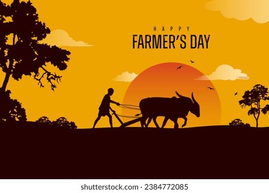 Happy Farmers Day Text with an Indian farmer farming silhouette vector illustration for a social media creative post template 