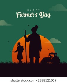 Happy Farmers Day Text with an Indian farmer farming silhouette vector illustration for a social media creative post template