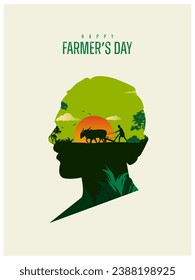 Happy Farmers Day Text con una ilustración vectorial de silueta agrícola india para una plantilla de post creativo en medios sociales 