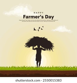 Happy Farmers Day Text com uma ilustração vetorial de silhueta de um agricultor indiano para um modelo de post criativo nas mídias sociais.