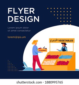 Happy farmers selling fresh vegetables. Fruit, nutrition, meal flat vector illustration. Agriculture and healthy food concept for banner, website design or landing web page