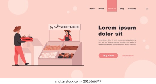 Happy farmers selling fresh vegetables. Fruit, nutrition, meal flat vector illustration. Agriculture and healthy food concept for banner, website design or landing web page