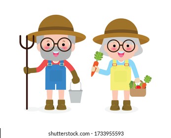 Happy farmers senior couple cute Cartoon characters of old man and old woman farming, Elderly Countryside concept vector flat design isolated on white background illustration.