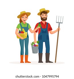 Happy Farmer, Vektorgrafik-Design einzeln auf weißem Hintergrund. Cartoon-Charaktere von Mann und Frau Landwirtschaft Konzept Illustration.