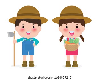 Happy farmers vector flat design isolated on white background. cute Cartoon characters of man and woman farming concept illustration.