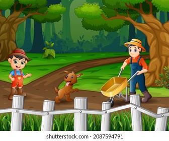 Happy the farmers working at the farmland