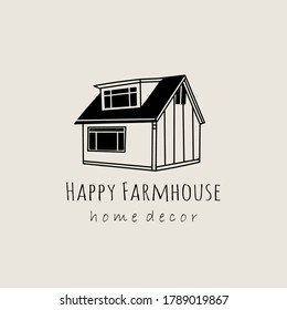 Happy farmhouse. Hand drawn Vector Icon. Abstract logo Template. Design for real estate, construction company or interior design studio. Can be used for decor, property or housing business