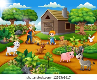 Happy farming activities on farms with animals