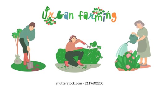 Happy farming, gardening. Flat characters. Man, woman watering plants, planting flowers, working in garden. Editable vector illustration in modern style isolated on a white background. Graphic design