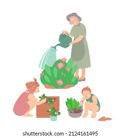 Happy farming, gardening. Flat characters. Children watering plants, planting flowers, working in garden. Editable vector illustration in modern style isolated on a white background. Graphic design