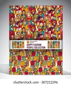 Happy fashion people collection. Big set with two seamless pattern, sixteen full length figures and face icons. Ink hand drawn color vector illustration. EPS10.