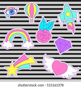 Happy fashion vector patches, retro sweet badges with heart, star, diamond, eye, rainbow, space rocket, rose, air balloon. Cute pink, blue stickers, pins for embroidery