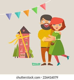 Happy fashion young Couple In Love smiling and embracing. A new house as gift and garlands on background. Vector colorful illustration in flat design