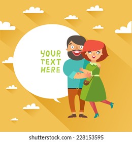 Happy Fashion Young Couple In Love Smiling And Embracing On Background With Sky And Clouds. Vector Man And Woman Couple In Flat Design And Bubble For Text