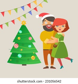 Happy fashion young Couple In Love smiling and embracing with christmas tree and garlands on background. Vector colorful illustration in flat design