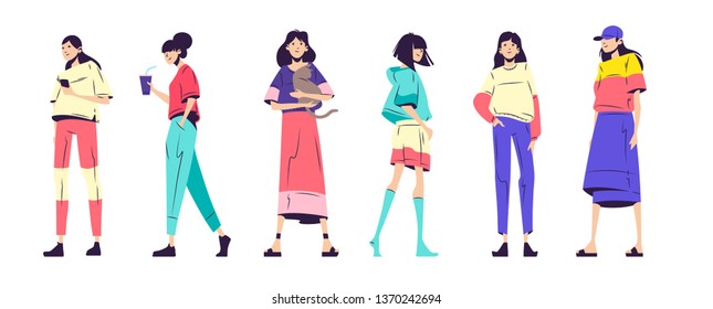 Happy fashion young women or girls standing together. Group of female friends, union of feminists, sisterhood. Flat cartoon design characters isolated on white background. Colorful vector illustration
