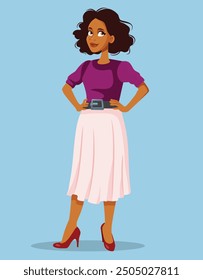 
Happy Fashionable Girl with Midi Skirt and Purple Blouse Vector Illustration. Cheerful casual woman feeling proud and confident wearing trendy outfit 
