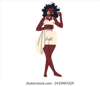  Happy fashionable young African woman in top and shorts, cartoon style vector isolated on white background