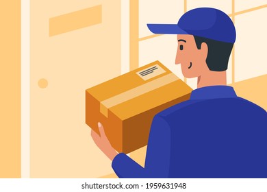 Happy Fast Delivery Man Arrive with Online Shop Package at Door.