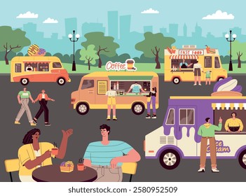 Happy fast food festival visitors. street gastronomic market with tracks and summer cafes, mobil coffee shop, burgers, vector illustration