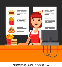 Happy fast food saleswoman in uniform with cash register. The snack seller in luncheonette, hamburger french fries pizza - flat vector illustration