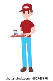 Happy fast food worker in cartoon style isolated on white background with tray and burger