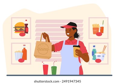 Happy Fast Food Worker Standing Behind The Counter, Holding A Takeout Food Bag And A Drink. Background Features Images Of Burgers, Fries, Drinks, Representing A Lively Fast Food Restaurant Environment