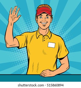 Happy Fast Food Worker Takes The Order, Pop Art Retro Vector Illustration. A Restaurant Employee Fast Food. The Seller Is In Uniform