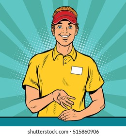 Happy Fast Food Worker Takes The Order, Pop Art Retro Vector Illustration. A Restaurant Employee. The Seller Is In Uniform