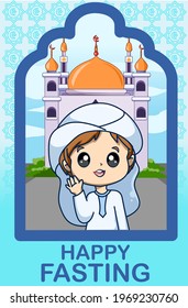 Happy fasting little muslim boy in ramadan kareem cartoon illustration