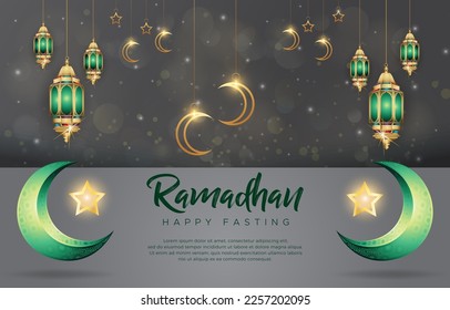 happy fasting ramadan with beautiful shiny luxury islamic ornament and abstract gradient black and grey background