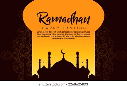 happy fasting ramadan kareem mubarak illustration banner with beautiful luxury shiny islamic ornament and abstract gradient red and orange background design