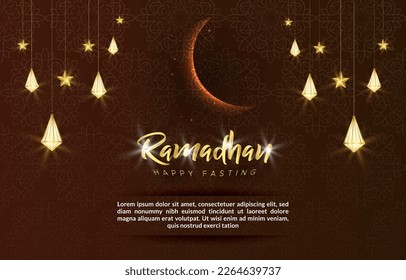 happy fasting ramadan kareem template banner with beautiful illustration shiny light luxury islamic ornament and abstract brown and red background design