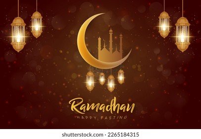 happy fasting ramadhan banner with beautiful illustration luxury islamic ornament and abstract gradient red and golden background design