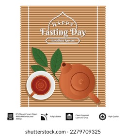 
HAPPY FASTING RAMADHAN GREETING CARD WITH A CUP OF TEA ILLUSTRATION WITH A TEACH