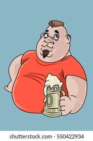 A happy fat boy having a big beer. Vector Illustration