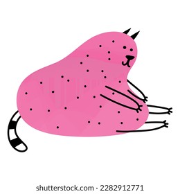 Happy fat cat doing stretching or yoga. Pink animal character. Doodle style art. Funny element for design and print. Isolated clipart. A strange stylized mascot. Cute and simple baby illustration.