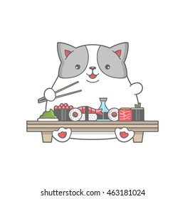 Happy fat cat eat a sushi illustration