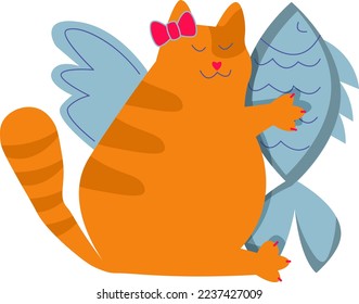 Happy fat cat girl with angel wings holding fish drawing on transparent background