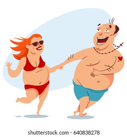 Happy Fat Couple On The Beach In Swimsuits. Obese Man And Woman. Vector Cartoon People With Overweight Isolated On White Background.