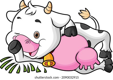 The happy fat cow is laying down on the grass of illustration