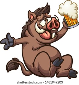 Happy, fat and drunk carton boar holding a beer clip art. Vector illustration with simple gradients. All in a single layer. 
