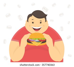 Happy fat man eating a big hamburger. Flat concept illustration of bad habits isolated on white background with contour burger symbols