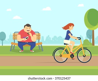Happy fat man eating a chocolate sitting in the park on the bench  and looking at pretty woman riding a bicycle. Flat concept illustration of bad habits