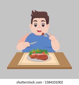 Happy Fat man enjoy eating vegetable salad foods, salad,sausage, weight loss Healthcare concept cartoon.