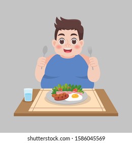 Happy Fat man enjoy eating vegetable salad foods, salad, sausage, weight loss Healthcare concept cartoon.